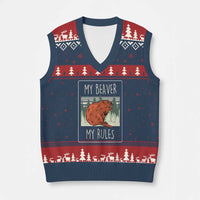 My Beaver My Rules V-Neck Knit Sweater Vest Funny Beaver Outdoor Nature Lover - Wonder Print Shop