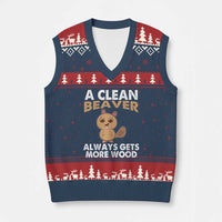 Funny Beaver Adult Humor V-Neck Knit Sweater Vest A Clean Beaver Always Get More Wood - Wonder Print Shop