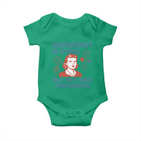 Retro Lady Democracy Is Dying But Hey Nice Fireworks Baby Onesie Funny 4th of July Political Satire