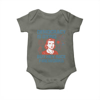 Retro Lady Democracy Is Dying But Hey Nice Fireworks Baby Onesie Funny 4th of July Political Satire