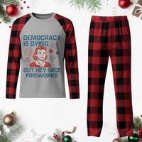 Retro Lady Democracy Is Dying But Hey Nice Fireworks Plaid Pajama Set Funny 4th of July Political Satire - Wonder Print Shop
