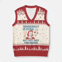 Retro Lady Democracy Is Dying But Hey Nice Fireworks V-Neck Knit Sweater Vest Funny 4th of July Political Satire - Wonder Print Shop