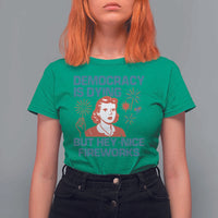 Retro Lady Democracy Is Dying But Hey Nice Fireworks T Shirt For Women Funny 4th of July Political Satire