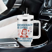 Retro Lady Democracy Is Dying But Hey Nice Fireworks Tumbler With Handle Funny 4th of July Political Satire