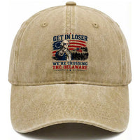 Get In Loser We're Crossing The Delaware Uncle Sam Style Washed Cotton Baseball Cap Funny George Washington Pointing Vintage American Flag Patriotic