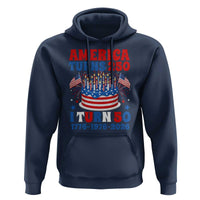 America Turns 250 I Turn 50 Funny 1976 Birthday Hoodie American Flag Cake 1776 to 2026 Semiquincentennial