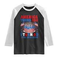 America Turns 250 I Turn 50 Funny 1976 Birthday Raglan Shirt American Flag Cake 1776 to 2026 Semiquincentennial