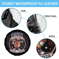 250 Years 1776 to 2026 Cartoon Hot Dog Spare Tire Cover Funny Uncle Sam Top Hat Waving American Flag Semiquincentennial
