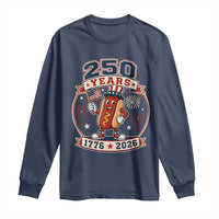 250 Years 1776 to 2026 Cartoon Hot Dog Long Sleeve Shirt Funny Uncle Sam Top Hat Waving American Flag Semiquincentennial