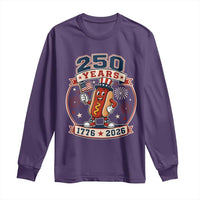 250 Years 1776 to 2026 Cartoon Hot Dog Long Sleeve Shirt Funny Uncle Sam Top Hat Waving American Flag Semiquincentennial