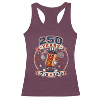 250 Years 1776 to 2026 Cartoon Hot Dog Racerback Tank Top Funny Uncle Sam Top Hat Waving American Flag Semiquincentennial
