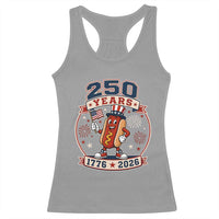 250 Years 1776 to 2026 Cartoon Hot Dog Racerback Tank Top Funny Uncle Sam Top Hat Waving American Flag Semiquincentennial