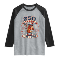 250 Years 1776 to 2026 Cartoon Hot Dog Raglan Shirt Funny Uncle Sam Top Hat Waving American Flag Semiquincentennial