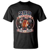 250 Years 1776 to 2026 Cartoon Hot Dog T Shirt Funny Uncle Sam Top Hat Waving American Flag Semiquincentennial
