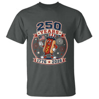 250 Years 1776 to 2026 Cartoon Hot Dog T Shirt Funny Uncle Sam Top Hat Waving American Flag Semiquincentennial