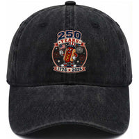 250 Years 1776 to 2026 Cartoon Hot Dog Washed Cotton Baseball Cap Funny Uncle Sam Top Hat Waving American Flag Semiquincentennial