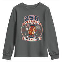 250 Years 1776 to 2026 Cartoon Hot Dog Youth Sweatshirt Funny Uncle Sam Top Hat Waving American Flag Semiquincentennial