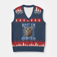 Funny Cat Blue Flame Y2K Bootleg Meme Graphic V-Neck Knit Sweater Vest Wait Im Goated Retro Internet Culture Humor