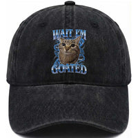 Funny Cat Blue Flame Y2K Bootleg Meme Graphic Washed Cotton Baseball Cap Wait Im Goated Retro Internet Culture Humor