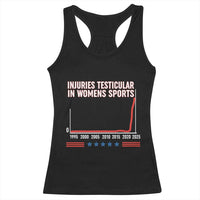 Testicular Injuries in Womens Sports Satirical Graphic Racerback Tank Top Dark Humor with Controversial Commentary - Wonder Print Shop