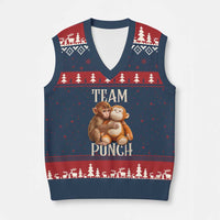Team Punch Cute Baby Monkey Hugging Plush Toy Graphic V-Neck Knit Sweater Vest