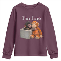 I’m Fine Viral Punch Monkey Meme Youth Sweatshirt Cute Baby Monkey Hugging Plush Emotional Humor Gift