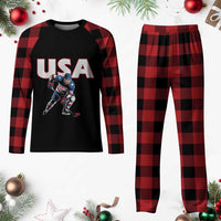 USA Ice Hockey Player Patriotic Graphic Plaid Pajama Set Red White and Blue American Sports Fan