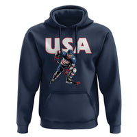 USA Ice Hockey Player Patriotic Graphic Hoodie Red White and Blue American Sports Fan