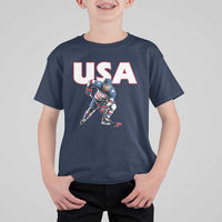 USA Ice Hockey Player Patriotic Graphic T Shirt For Kid Red White and Blue American Sports Fan