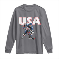 USA Ice Hockey Player Patriotic Graphic Long Sleeve Shirt Red White and Blue American Sports Fan