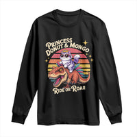 Princess Donut and Mongo Ride or Roar Long Sleeve Shirt Funny Cat Riding Dinosaur Retro Sunset