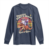 Princess Donut and Mongo Ride or Roar Long Sleeve Shirt Funny Cat Riding Dinosaur Retro Sunset