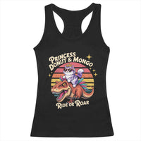 Princess Donut and Mongo Ride or Roar Racerback Tank Top Funny Cat Riding Dinosaur Retro Sunset