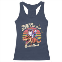 Princess Donut and Mongo Ride or Roar Racerback Tank Top Funny Cat Riding Dinosaur Retro Sunset