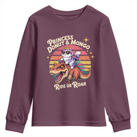 Princess Donut and Mongo Ride or Roar Youth Sweatshirt Funny Cat Riding Dinosaur Retro Sunset