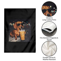 Cool Dachshund Drinking Iced Coffee Graphic Garden Flag Funny Wiener Dog Night Vibes Aesthetic