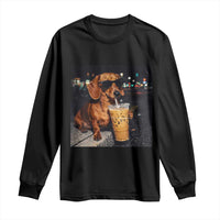 Cool Dachshund Drinking Iced Coffee Graphic Long Sleeve Shirt Funny Wiener Dog Night Vibes Aesthetic