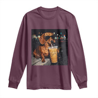Cool Dachshund Drinking Iced Coffee Graphic Long Sleeve Shirt Funny Wiener Dog Night Vibes Aesthetic