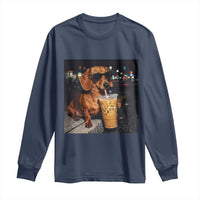 Cool Dachshund Drinking Iced Coffee Graphic Long Sleeve Shirt Funny Wiener Dog Night Vibes Aesthetic