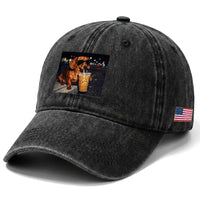 Cool Dachshund Drinking Iced Coffee Graphic Washed Cotton Baseball Cap Funny Wiener Dog Night Vibes Aesthetic