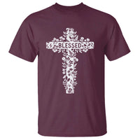 Blessed Floral Cross Christian Graphic T Shirt Faith Inspired Minimalist Scripture