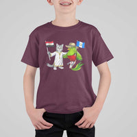 Egypt and Guatemala Friendship Heritage Pride T Shirt For Kid Cute Cat and Quetzal Holding Flag