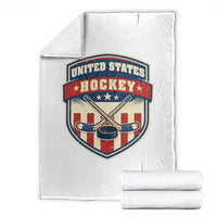 Hockey Crossed Sticks And Puck Retro USA Shield Flag Throw Blanket Red White Blue Striped Patriotic Sports Fan Pride Graphic