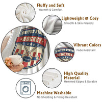 Hockey Crossed Sticks And Puck Retro USA Shield Flag Throw Blanket Red White Blue Striped Patriotic Sports Fan Pride Graphic
