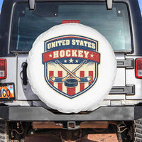 Hockey Crossed Sticks And Puck Retro USA Shield Flag Spare Tire Cover Red White Blue Striped Patriotic Sports Fan Pride Graphic