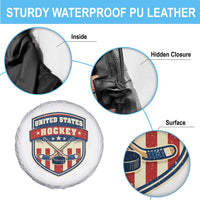 Hockey Crossed Sticks And Puck Retro USA Shield Flag Spare Tire Cover Red White Blue Striped Patriotic Sports Fan Pride Graphic