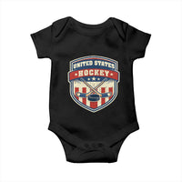 Hockey Crossed Sticks And Puck Retro USA Shield Flag Baby Onesie Red White Blue Striped Patriotic Sports Fan Pride Graphic