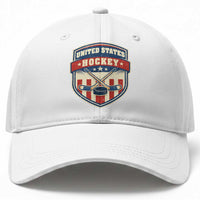 Hockey Crossed Sticks And Puck Retro USA Shield Flag Baseball Cap Red White Blue Striped Patriotic Sports Fan Pride Graphic