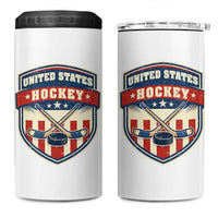 Hockey Crossed Sticks And Puck Retro USA Shield Flag 4 in 1 Can Cooler Tumbler Red White Blue Striped Patriotic Sports Fan Pride Graphic
