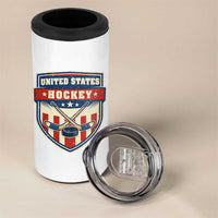 Hockey Crossed Sticks And Puck Retro USA Shield Flag 4 in 1 Can Cooler Tumbler Red White Blue Striped Patriotic Sports Fan Pride Graphic